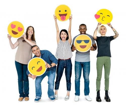 Diverse happy people holding happy emoticons - 469240