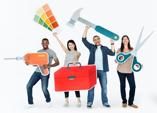 Cheerful diverse people holding tools - 469272