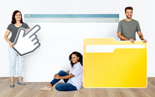 People holding a webpage, a cursor and a folder icons - 451434