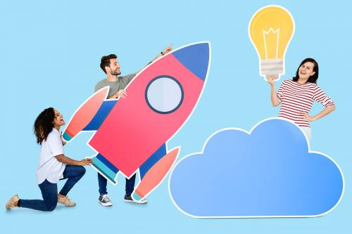 Cloud storage and innovation concept shoot featuring a rocket icon - 451463