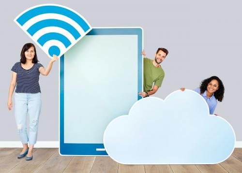 People holding different icons in wireless and cloud technology theme - 451506