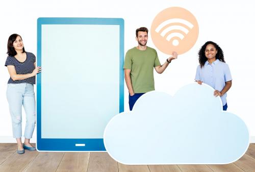 People holding different icons in wireless and cloud technology theme - 451508