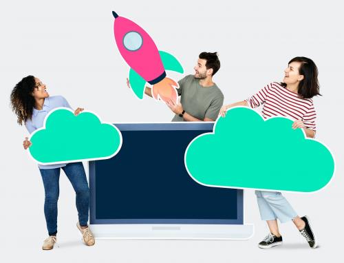 Cloud storage and innovation concept shoot featuring a rocket icon - 450543