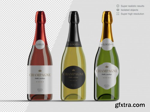 Realistic isometric variety of champagne bottles mockup template