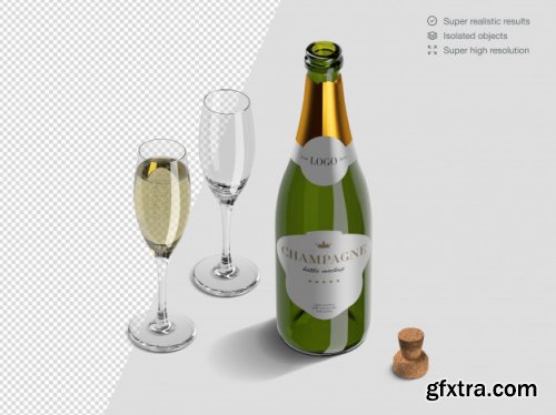 Realistic isometric variety of champagne bottles mockup template