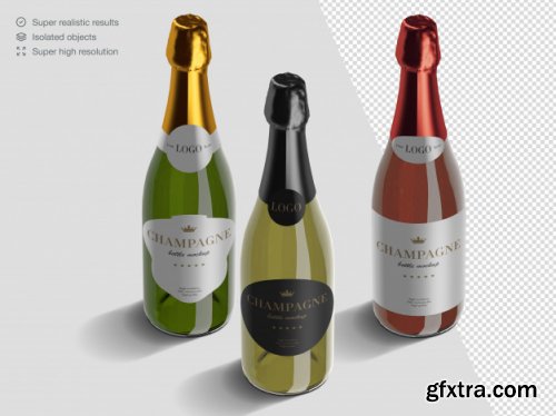 Realistic isometric variety of champagne bottles mockup template