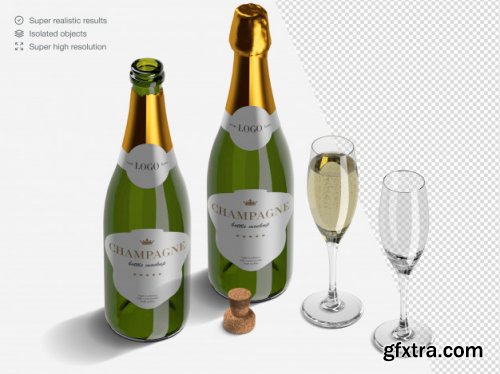 Realistic isometric variety of champagne bottles mockup template