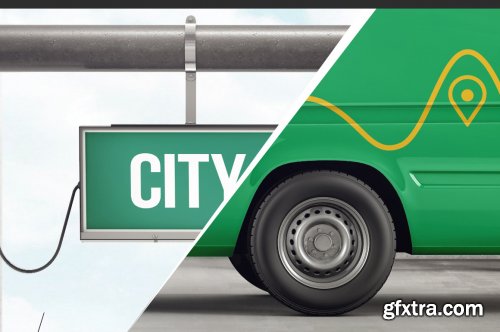 City Bus On Bus Stop Branding Mockup