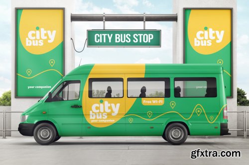 City Bus On Bus Stop Branding Mockup