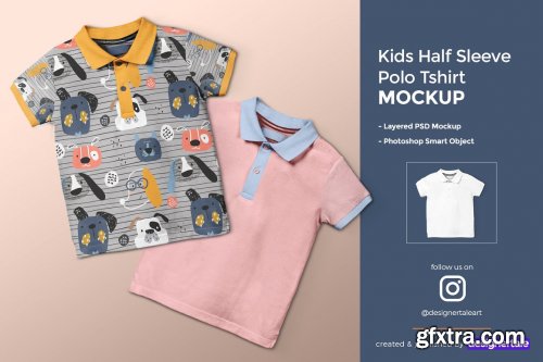 CreativeMarket - Kid’s Half Sleeve Polo Tshirt Mockup 4432034