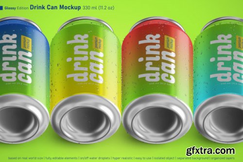 Editable realistic soda can 330ml premium mockup with water drops