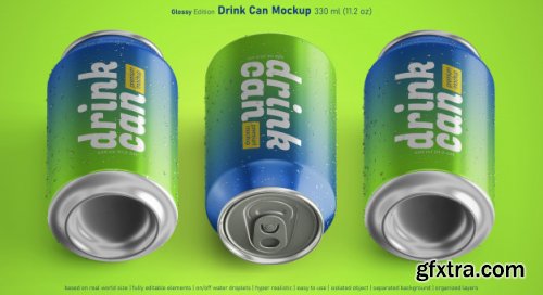 Editable realistic soda can 330ml premium mockup with water drops