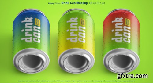 Editable realistic soda can 330ml premium mockup with water drops