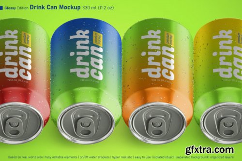 Editable realistic soda can 330ml premium mockup with water drops