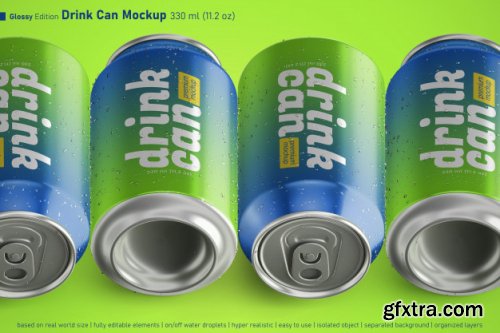 Editable realistic soda can 330ml premium mockup with water drops