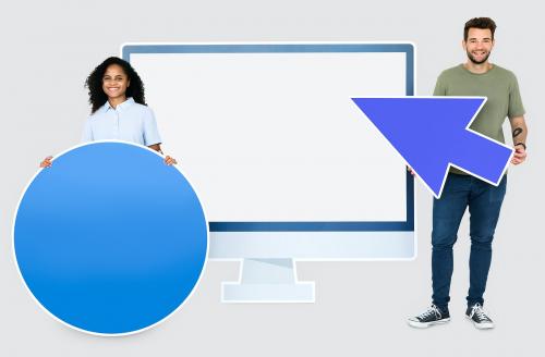 People holding icons in front of a computer monitor paper cutout - 450640