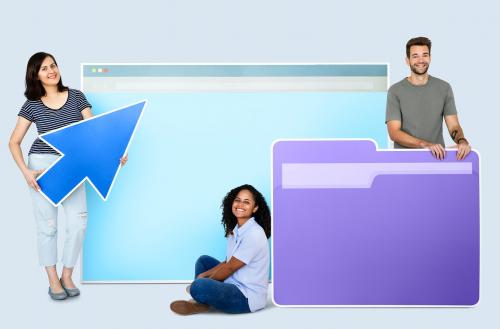 People holding a webpage, a cursor and a folder icons - 450656