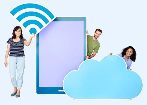 People holding different icons in wireless and cloud technology theme - 450675