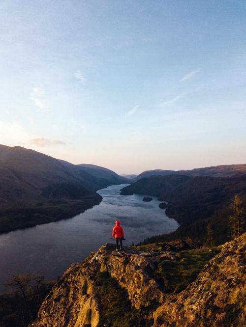 Drone shot of Raven Crag and Thirlmere reservoir at the Lake District in England - 935876