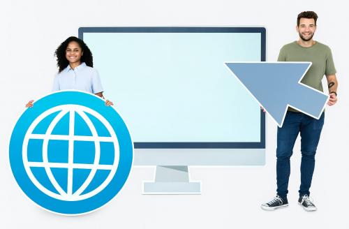 People holding icons in front of a computer monitor paper cutout - 450716