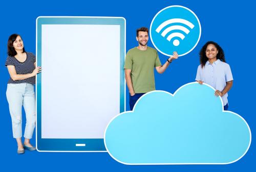 People holding different icons in wireless and cloud technology theme - 450877