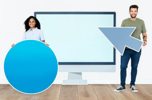 People holding icons in front of a computer monitor paper cutout - 450964