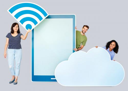 People holding different icons in wireless and cloud technology theme - 451067