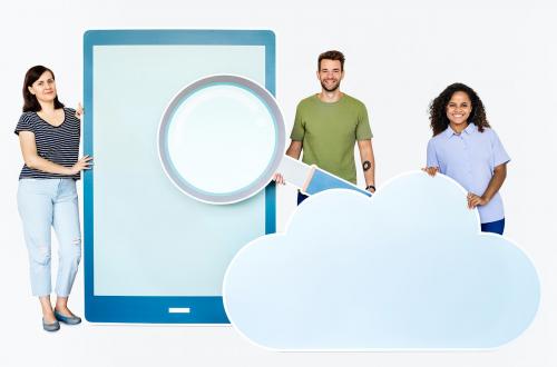 People with paper cutouts of magnifying glass, tablet, and cloud symbol - 451086