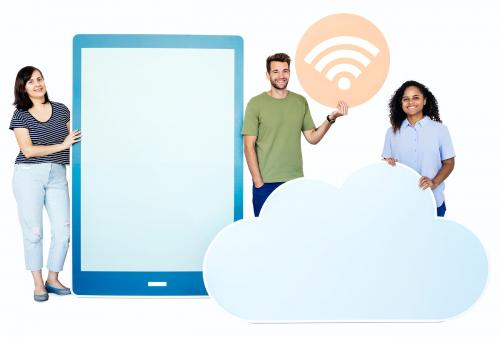 People holding different icons in wireless and cloud technology theme - 451120