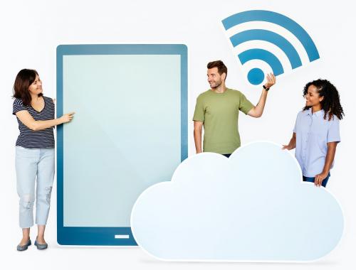 People holding different icons in wireless and cloud technology theme - 451143