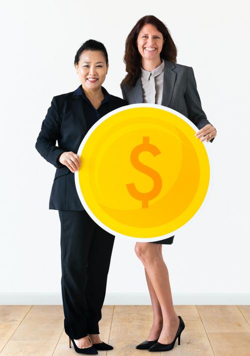 Businesswomen holding dollar coin icon - 414612