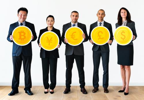 Business people standing and holding currency icons - 414626