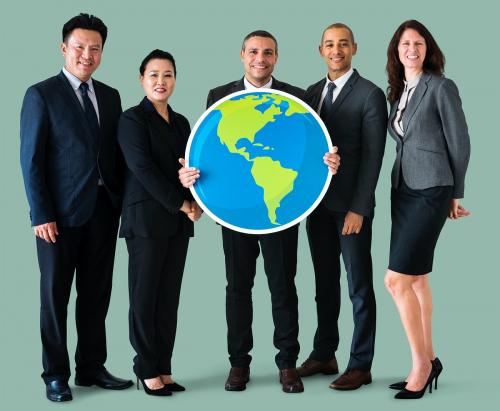 Business people standing and holding globe icon - 414642
