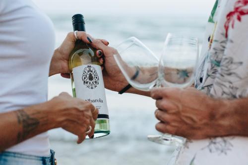 Couple enjoying a glass of wine by the beach - 418529