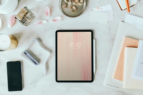 Aerial view of digital devices on table workplace - 1221028