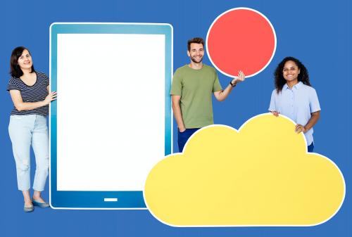 People holding different icons in wireless and cloud technology theme - 450214