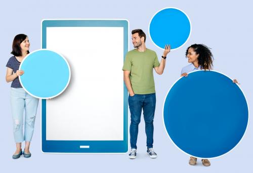 People holding geometric icons in front of a paper cutout of a tablet - 450271