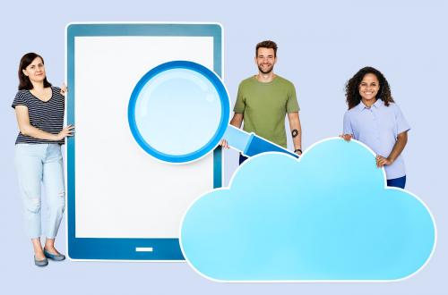 People with paper cutouts of magnifying glass, tablet, and cloud symbol - 450280