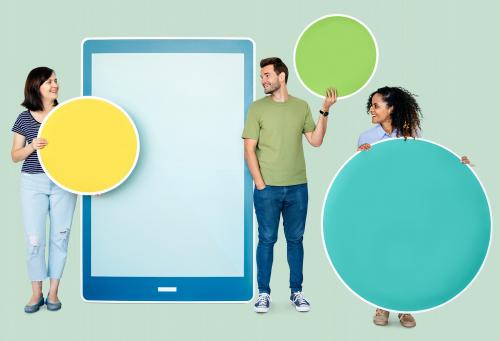 People holding geometric icons in front of a paper cutout of a tablet - 450361