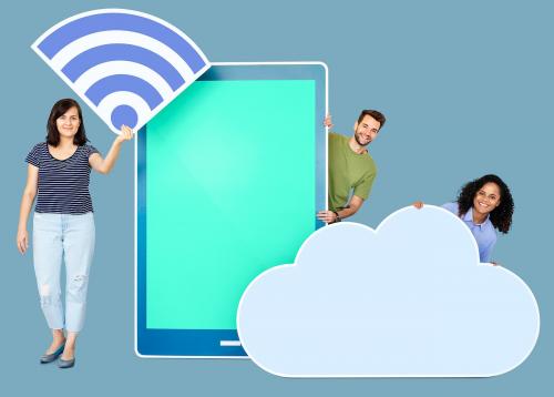 People holding different icons in wireless and cloud technology theme - 450428