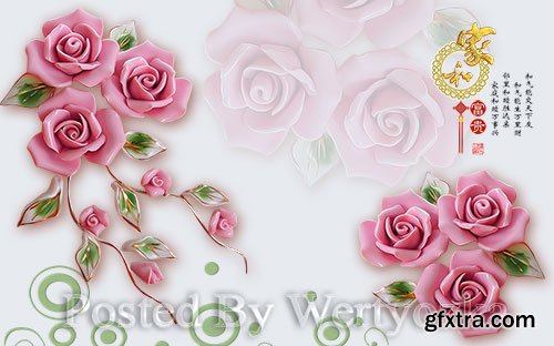 3D models pink jade carving three dimensional rose flower warm wall 