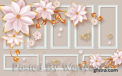 3D models template modern luxury pink jewels flowers gold leaves 