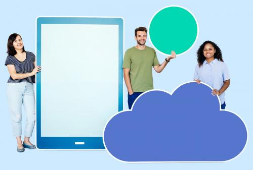 People holding different icons in wireless and cloud technology theme - 450465