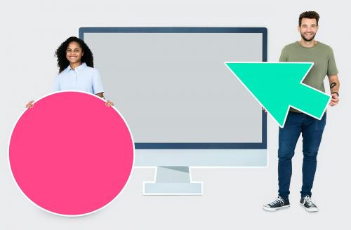 People holding icons in front of a computer monitor paper cutout - 450476