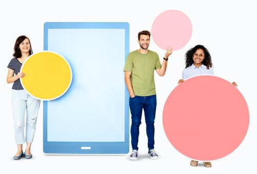 People holding geometric icons in front of a paper cutout of a tablet - 450485