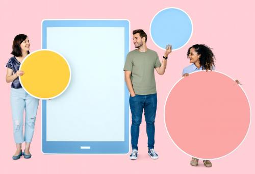People holding geometric icons in front of a paper cutout of a tablet - 450496