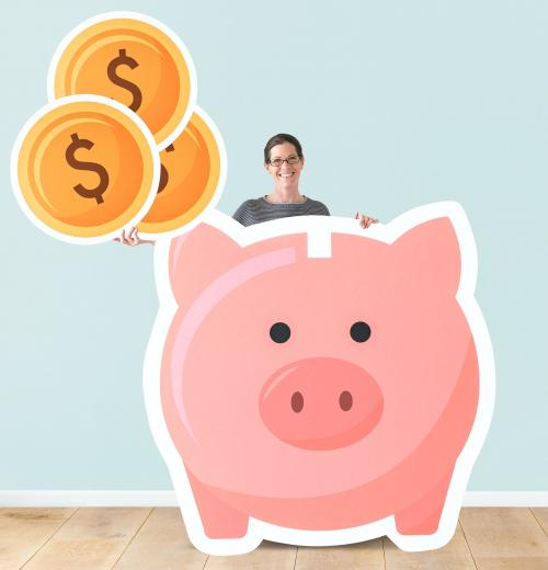 Woman with piggy bank mockup - 404800