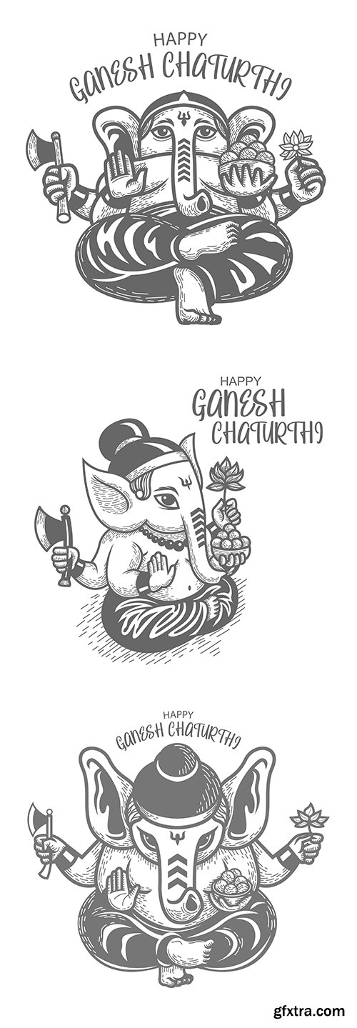 Ganesha Chaturthi black white hand drawing illustration
