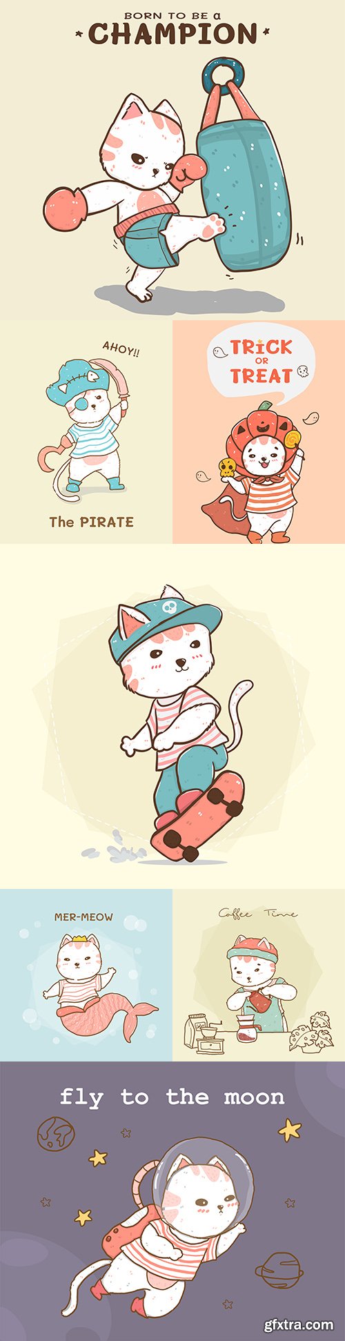 Cute cartoon cat with sports accessories flat design
