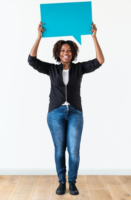 A woman holding speech bubble icon - 414523